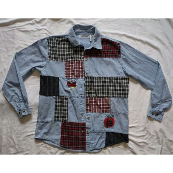 5/$25 Sz S Teacher Shirt Jacket Denim Patchwork Cotton ABCs Apple Books Plaid - Picture 7 of 7